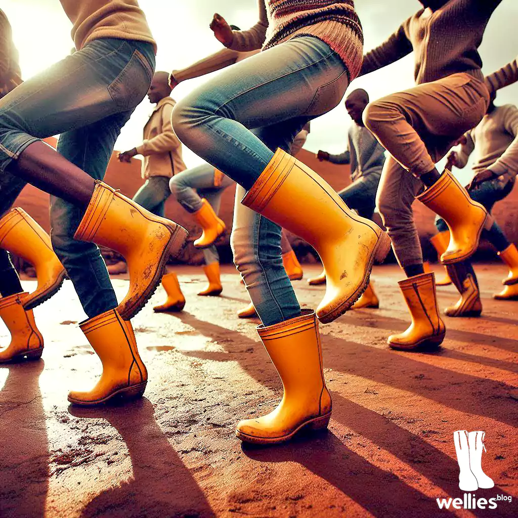 A group of people are performing a synchronized dance while wearing bright yellow rain boots. The image captures the dynamic movement of their legs as they kick and step in unison on a reddish ground, creating an energetic and vibrant atmosphere. The dancers' coordinated movements and the bright boots make for a visually striking scene.