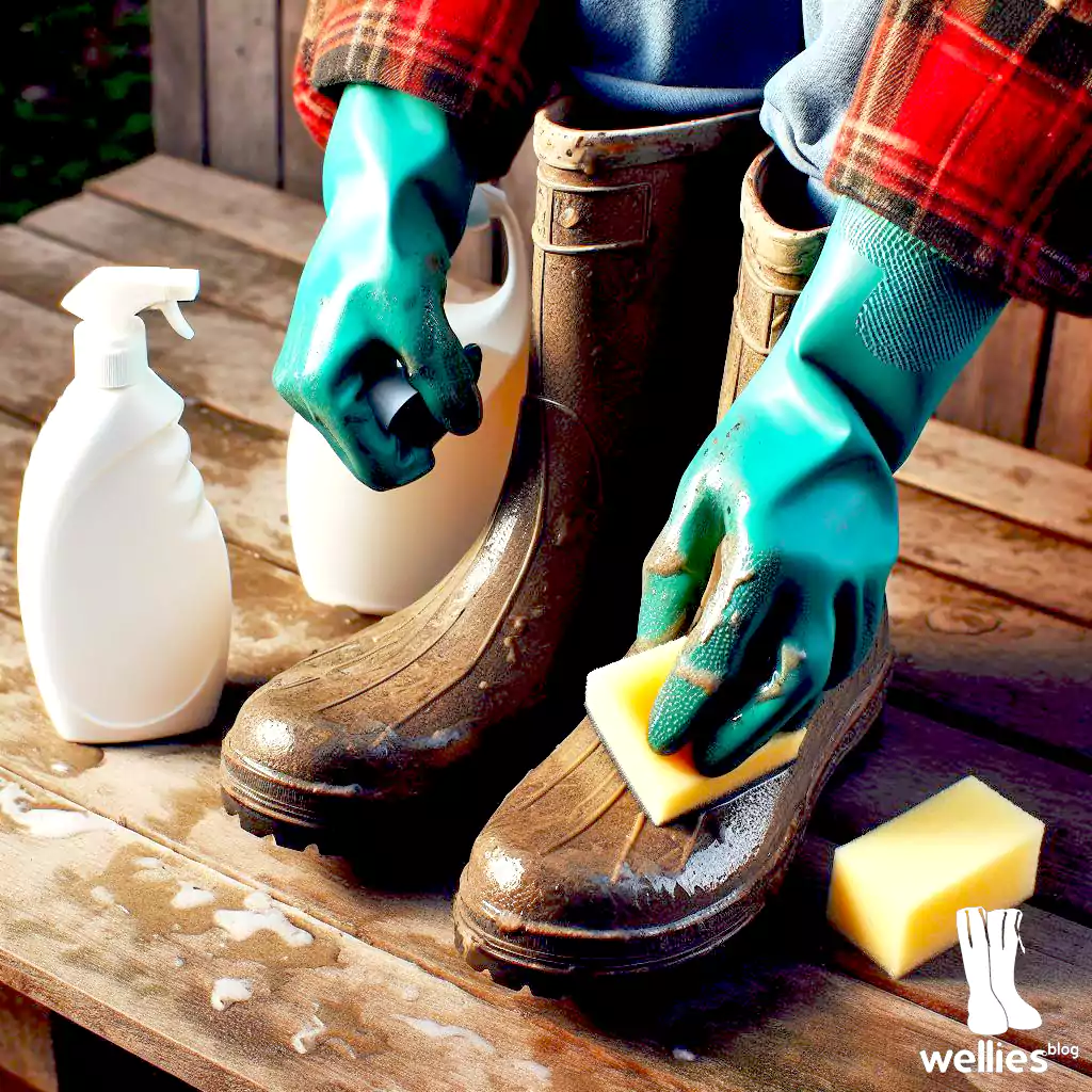 A person wearing green rubber gloves is meticulously cleaning a pair of muddy rain boots. They are using a sponge and a spray bottle, with additional cleaning supplies placed on a wooden surface nearby. The focus is on the careful cleaning process, highlighting the attention to detail in maintaining the boots.