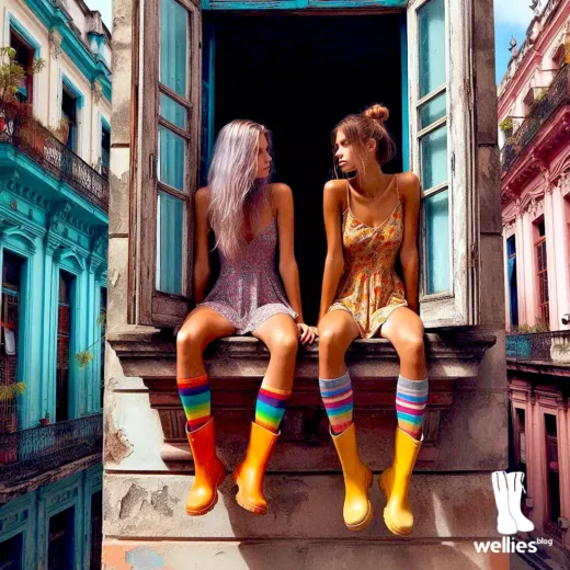 Two women sit in the window of a colorfully painted house. (image: AI)