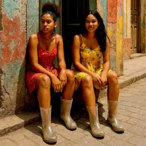 Two women sit in the door frame of a colorfully painted house. (image: AI)