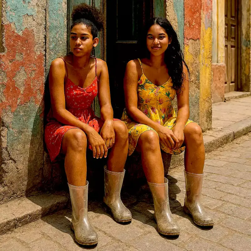 Two women sit in the door frame of a colorfully painted house. (image: AI)