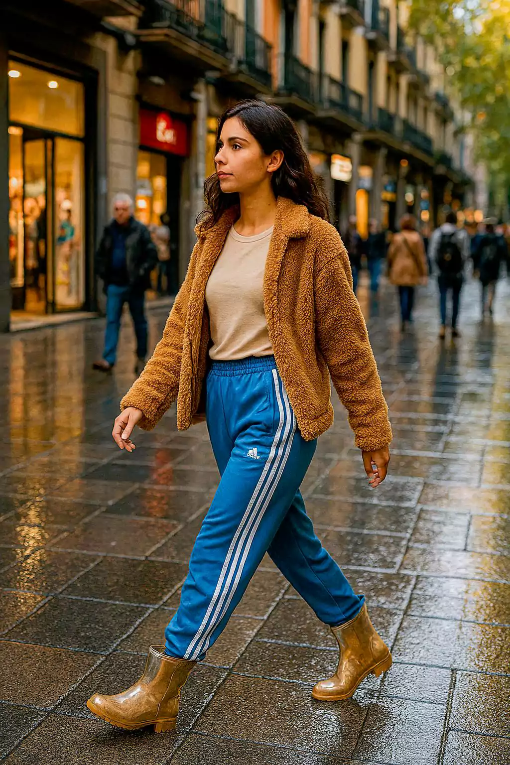 A woman is wearing sweatpants in the city. (Image: AI)