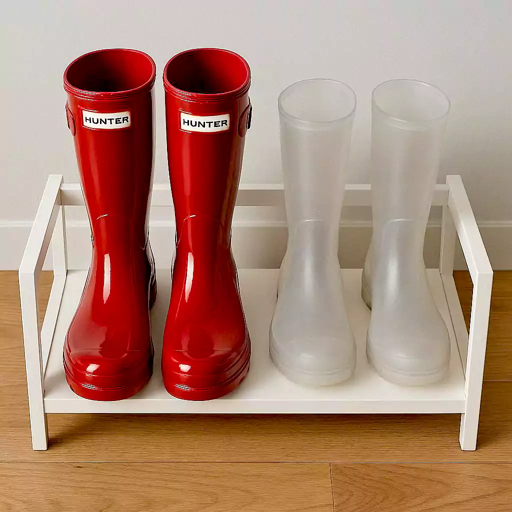 Rubber boots made of natural and synthetic rubber on a shoe rack. (Image. AI)