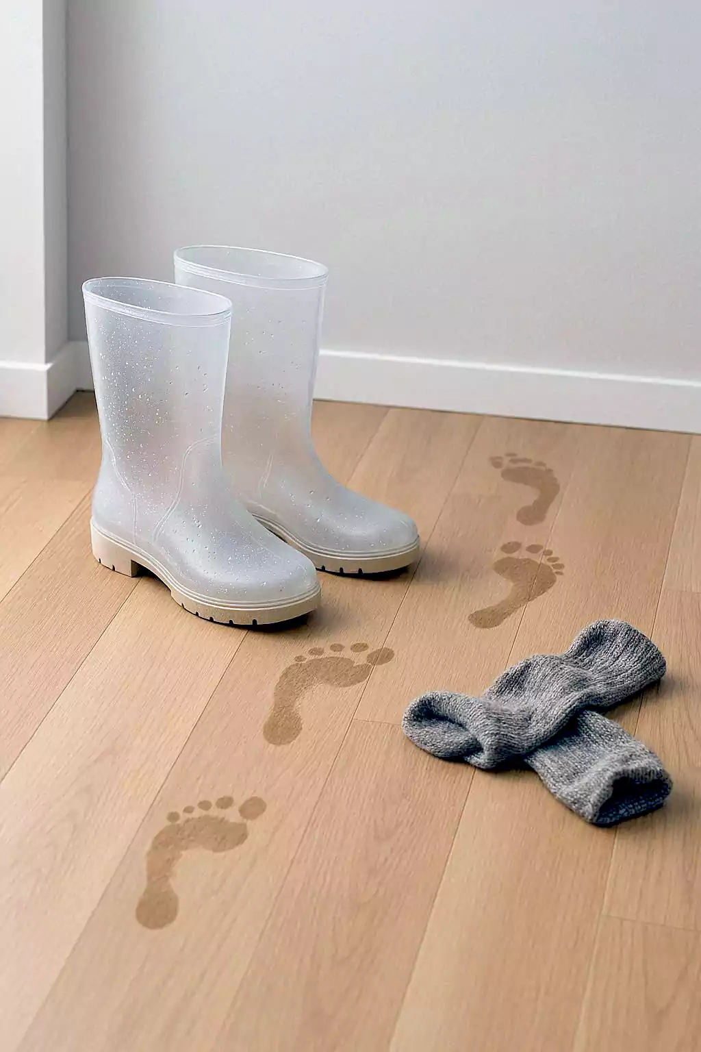 Synthetic rubber boots and footprints on the floor. (Image: AI)