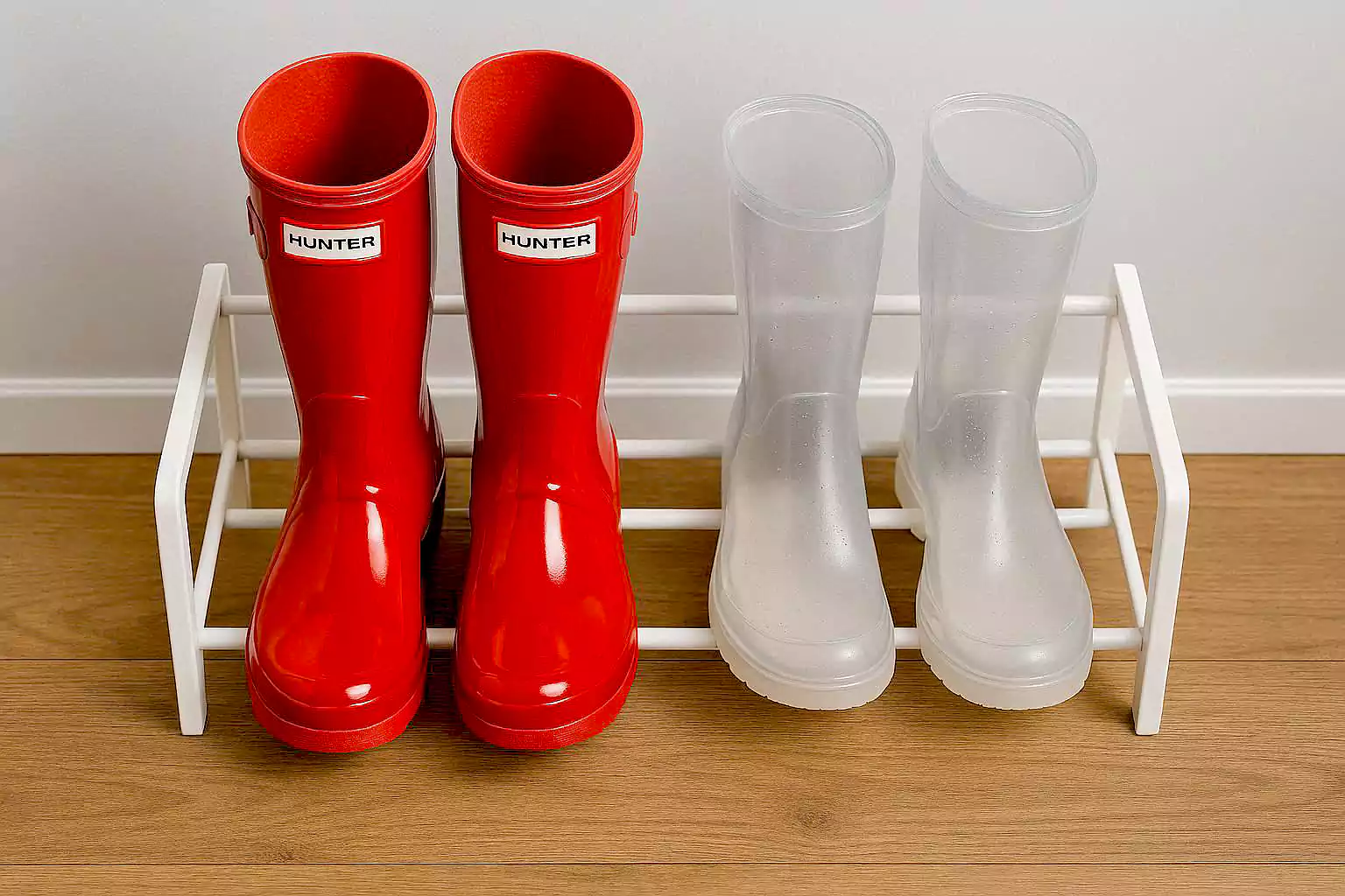 Rubber boots made of natural and synthetic rubber on a shoe rack. (Image. AI)