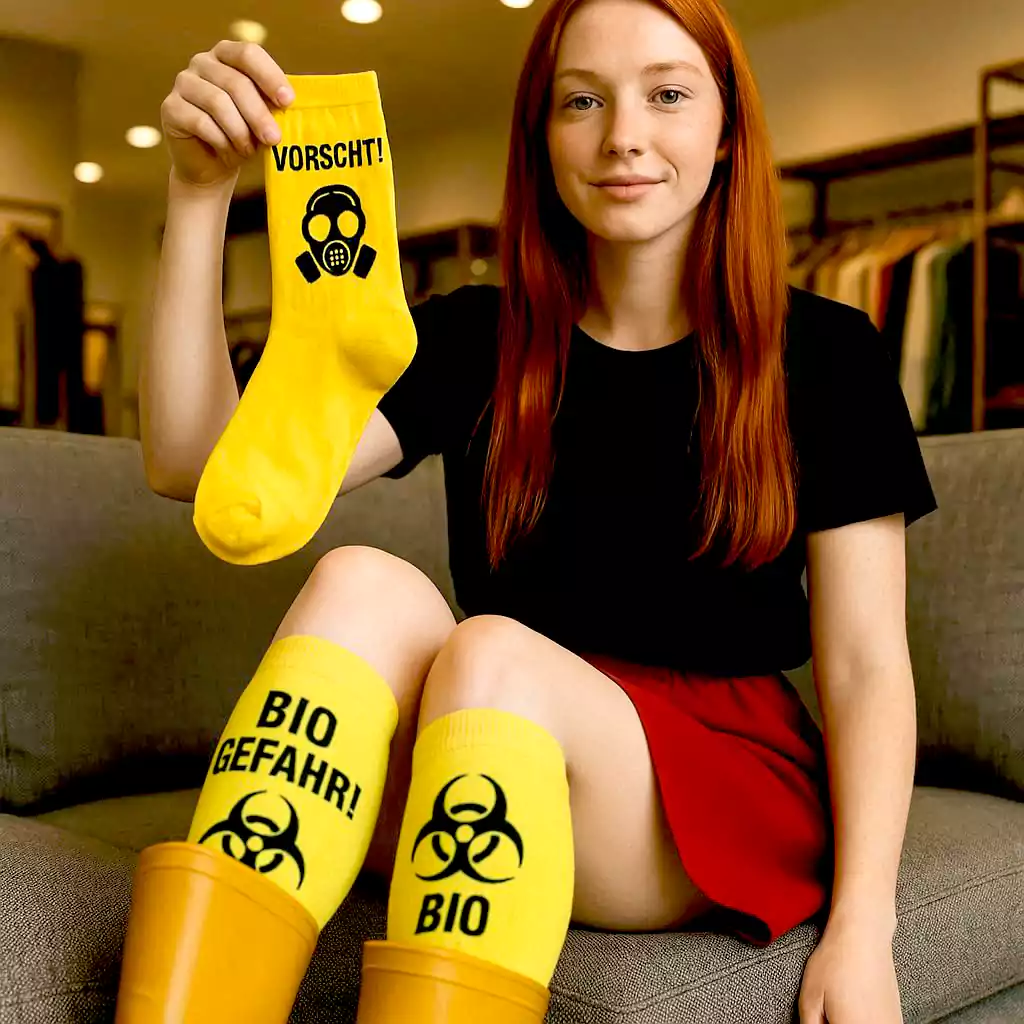 A woman sits in a shoe store and holds a yellow sock up to the camera. The sock reads "Caution - Biohazard". (image: AI)